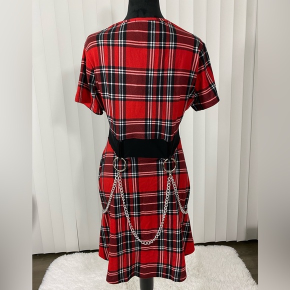 💔SOLD💔DEVIL FASHION Rock Plaid Fit And Flare Dress Sheer Mesh Bondage Straps - Picture 9 of 15